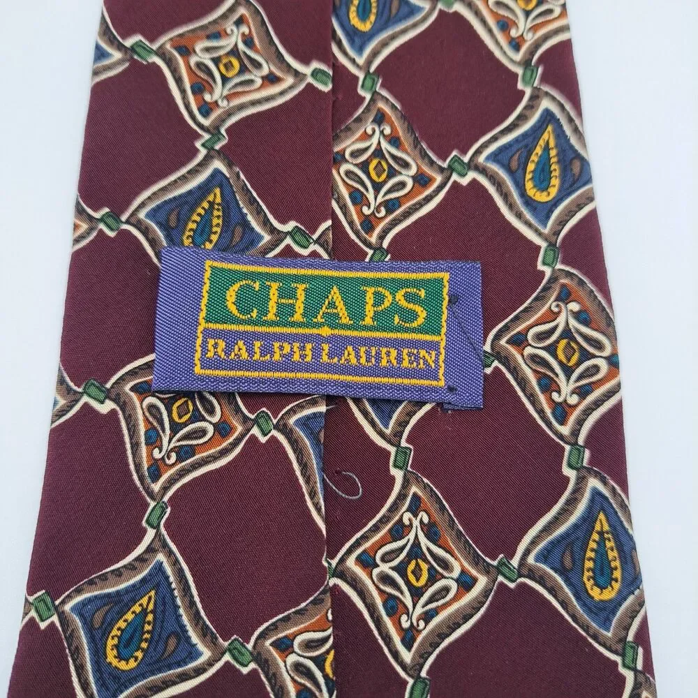 Vintage Chaps Ralph Lauren Tie Burgundy Multicolor Geometric 100% Silk USA‎